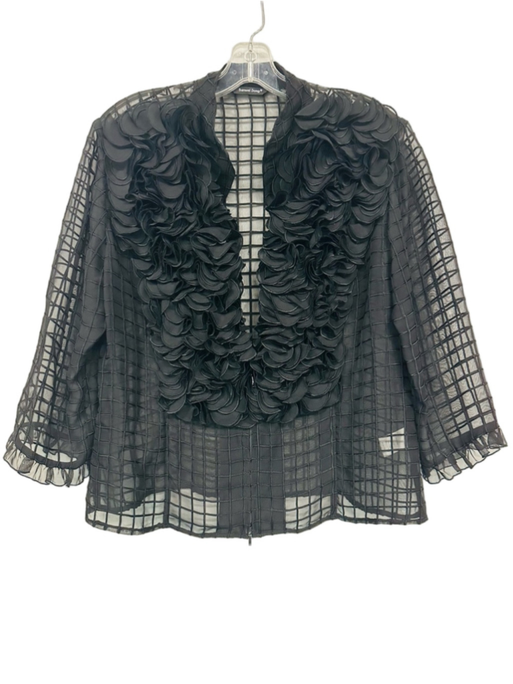 Samuel Dong Black Organza Ruffle Jacket Sheer Grid Zip Front M L layering jacket